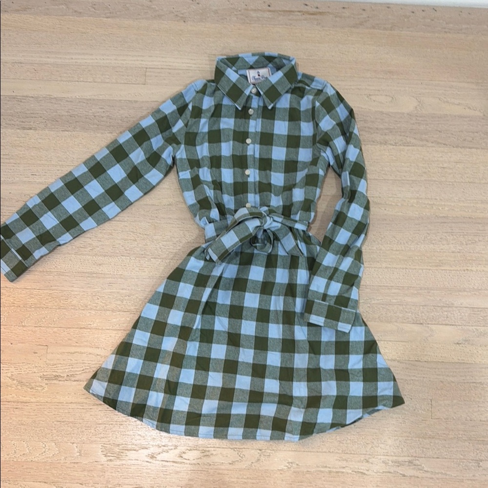 Classic Prep Green & Light Blue Plaid Shirt Dress with Tie Waist- flannel